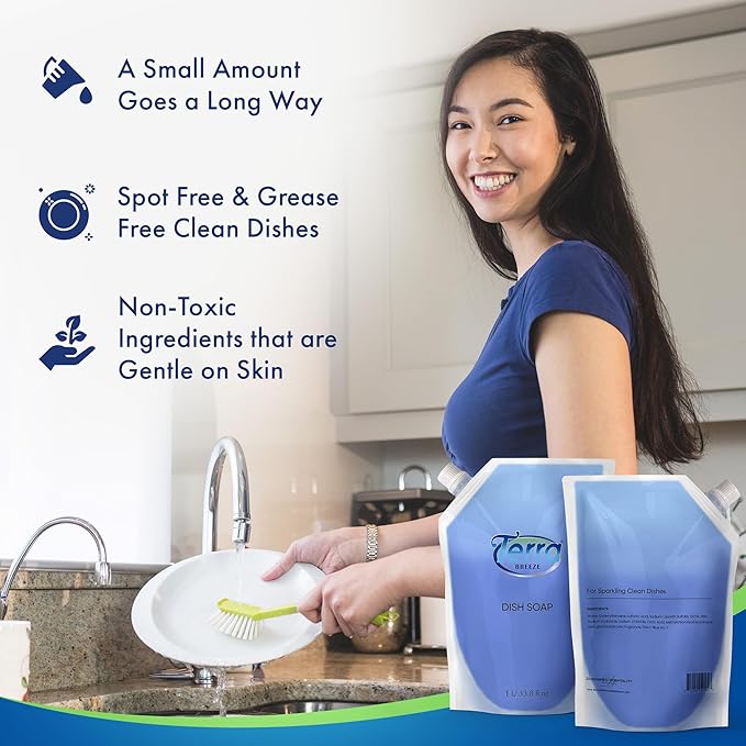 Dish Soap Refill Bag | Non-Toxic, Gentle on Skin | Eco-Friendly Dishwashing Solution for Home Kitchens, Restaurants, and Vacation Rentals | 1 Liter Refill For Small Dispensers