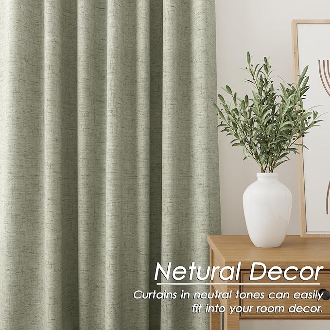 Nanspring Sage Green Linen 100% Blackout Curtains 105 inch Length Back Tab Rod Pocket Drapes Thermal Insulated Textured Living Room Black Out Curtains 2 Panels Set 52x105