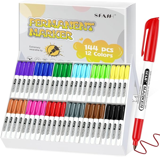 SFAIH 144 Pack Permanent Markers Bulk - Classroom Set, 12 Vibrant Colors, Works on Paper, Clothes, Plastic, Fabric, Wood, Student Art Supplies, Drawing, Coloring, Non-Toxic, Classroom Group Supplies