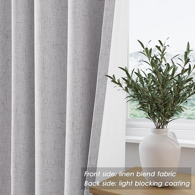 100% Blackout Linen Curtains 90 inch Length 2 Panels for Living Room Loop Pocket Pinch Pleated Black Out Drapes Grey Heat Reducing Total Blackout Window Curtains for Bedroom 90 inches Long