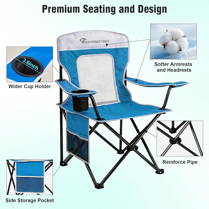 Camping Chair, 300 LBS Breathable Mesh Lawn Chairs Folding (Blue White) | High Back, Portable Outdoor Folding Camping Chair for Adults, with Cup Holder for Picnic, Lawn, Beach, Fishing and Sports