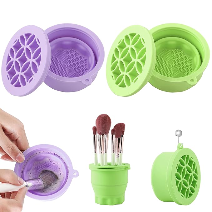Makeup Brush Cleaner - Foldable Silicone Makeup Brush Cleaner Mat with Brush Storage Holder Makeup Brush Cleaning Bowl Cosmetic Brush Washing Tool for Cleaning Organizer and Drying (Purple and Green)
