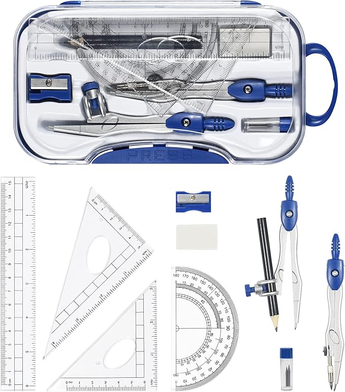 Math Geometry Kit Sets 10 Piece Student Supplies with Shatterproof Storage Box,Includes Rulers,Protractor,Compass,Eraser,Pencil Sharpener,Lead Refills,Pencil,for Drafting and Drawings（Navy blue）