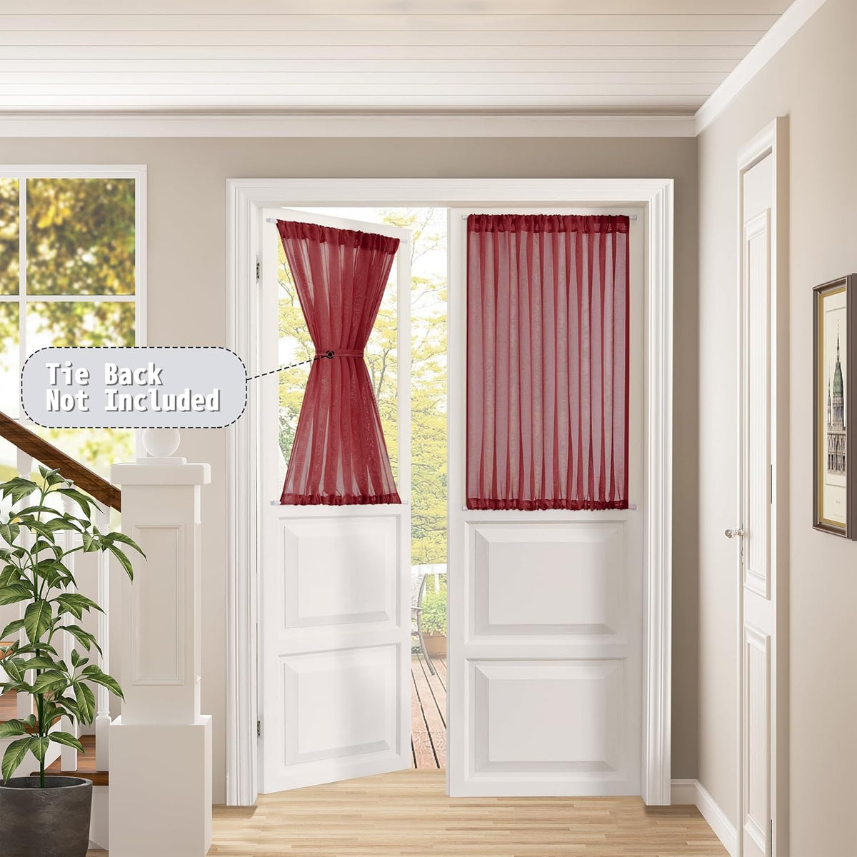 Tollpiz Small Sheer Door Curtain Closet Linen Textured Curtain Sheers Doorway Light Filtering Voile French Door Rod Pocket Curtains Patio Glass Door, 25 x 40 inches Long, Burgundy Red, Set of 1 Panel