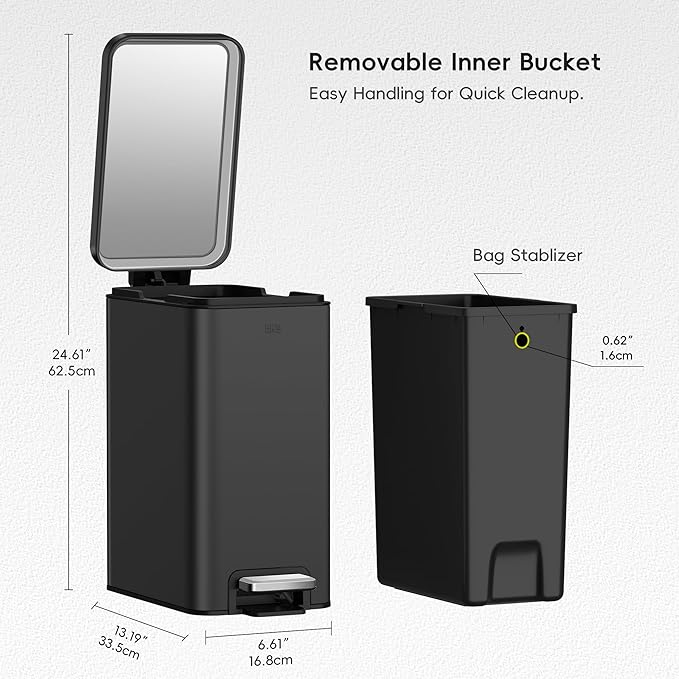 EKO Small Bathroom Trash Can with Lid Soft Close, Step Pedal, 10 Liter / 2.6 Gallon Stainless Steel Garbage Can with Removable Inner Bucket, Anti-Fingerprint Finish (Matte Black)
