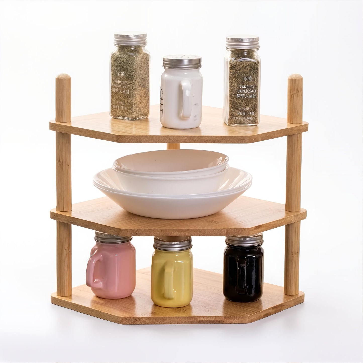 WooFawn 3-Tier Expandable Bamboo Corner Shelf - Dish/Plate Organizer for Cabinet, Kitchen Counter Shelf & Small Kitchen Shelf, Adjustable (Natural, 1-Pc 3.90" H)