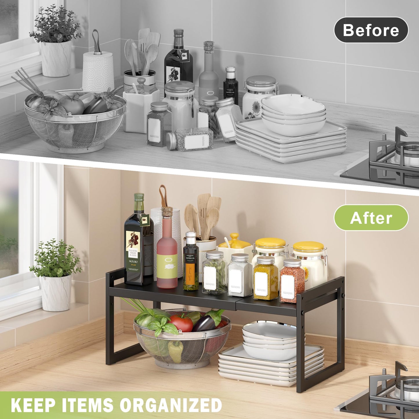 DOLALIKE Expandable kitchen Countertop Organizer, Stackable Cabinet Shelf Organizers, Space Saving Spice Rack Pantry Storage for Bathroom Office (Black, 1 Pack)