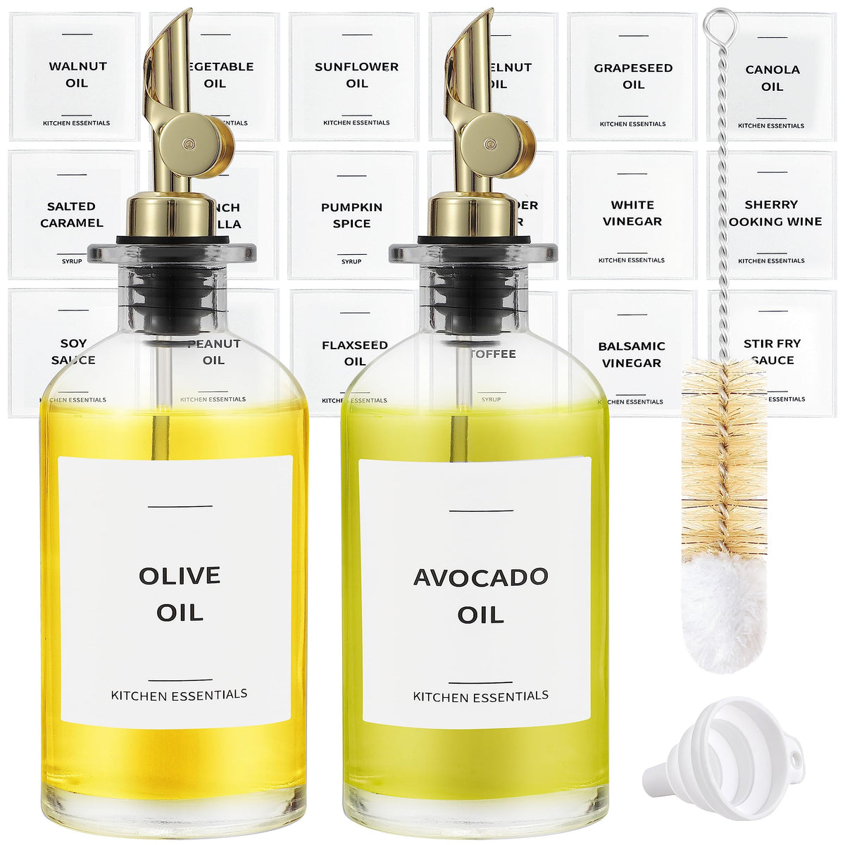 Spaceneat Olive Oil Dispenser Bottle - Includes 55 Kitchen Essential Labels - Cooking Oil Bottles for Kitchen, Coffee Syrup Dispenser - Pourer Spout with 11.8 fl oz Glass Container Cruet - 2pcs, Gold