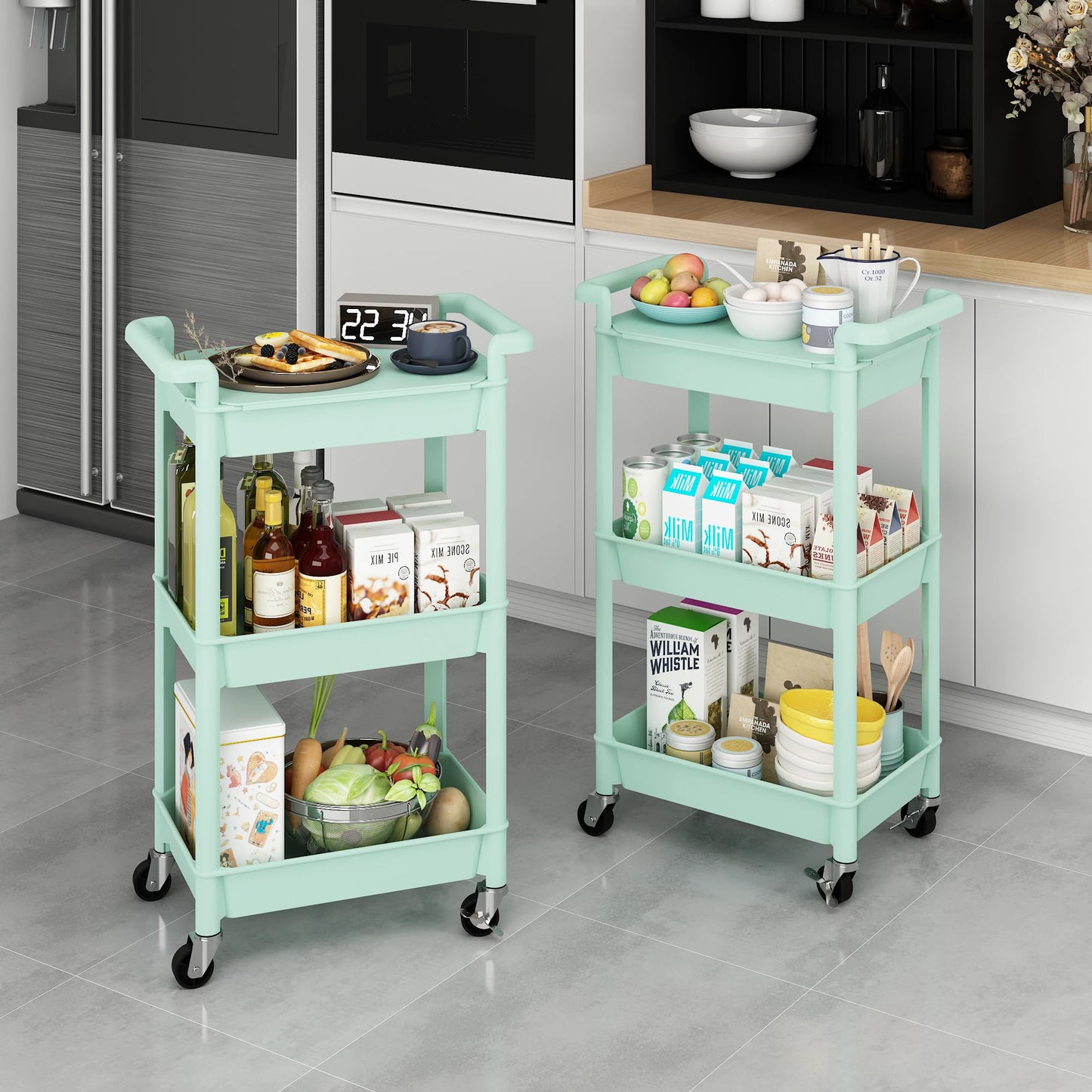 MIOCASA 3-Tier Utility Rolling Cart with Cover Top Board, Kitchen Storage Organization, Art Cart with Wheels for Office, Classroom, Livingroom, Kitchen, Bathroom, Green, Plastic