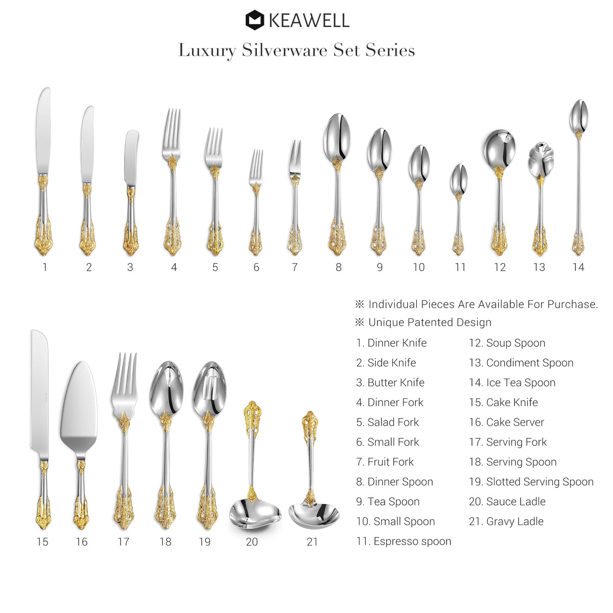 KEAWELL 2-Piece Gorgeous Large Serving Spoon, 18/10 Stainless Steel, Fine Large Serving Spoon, Sturdy Tablespoon, Dishwasher Safe, 9.4" (Gold Accent)