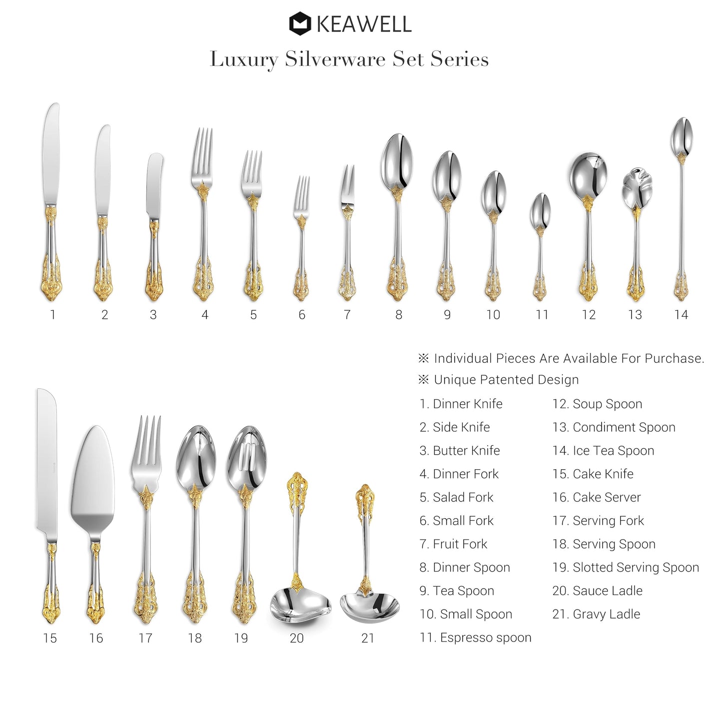 KEAWELL Gorgeous Dinner Knife, Set of 4, 18/10 Stainless Steel, Mirror Polished, Luxury Dinner Knife Set. (Gold Accent)