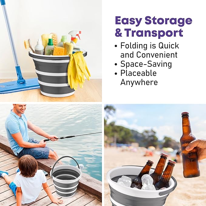 Superio Collapsible Bucket 2 Gallon Bucket with Handle Grey Car Wash Bucket Small Foldable Silicone Pail for Camping, Fishing, Cleaning, Mopping, 10 Liter
