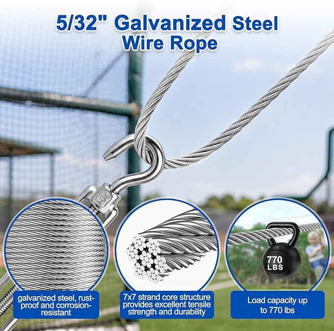 Batting Cage Cable Kit for 10/20/35/55/70FT, Heavy Duty Retractable Batting Cage Netting Net Wire Tension Hanging Kit, Batting Cage Frame for Backyard, DIY Baseball & Softball Hitting Tunnels