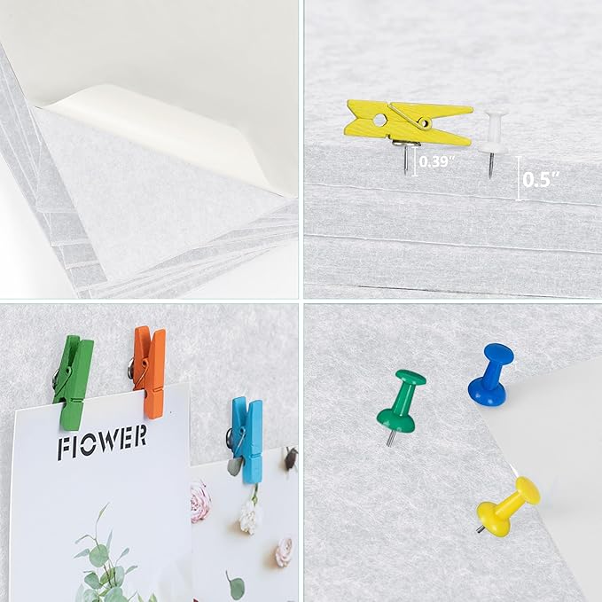 AKTOP White Cork Bulletin Board 12x12, 1/2" Thick Felt Cork Board Tiles 6 Pack, Small Square Pin Board for Wall, Self Adhesive Corkboards with 60 Push Pin Wood Clips for School, Home & Office