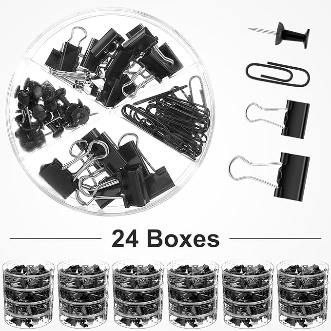 1560 Pcs Paper Clips and Binder Clips Assorted Sizes, Large Medium Small Binder Clip Paperclips Thumb Tacks, College Supplies Home Office Supplies Document Organizing(Black)