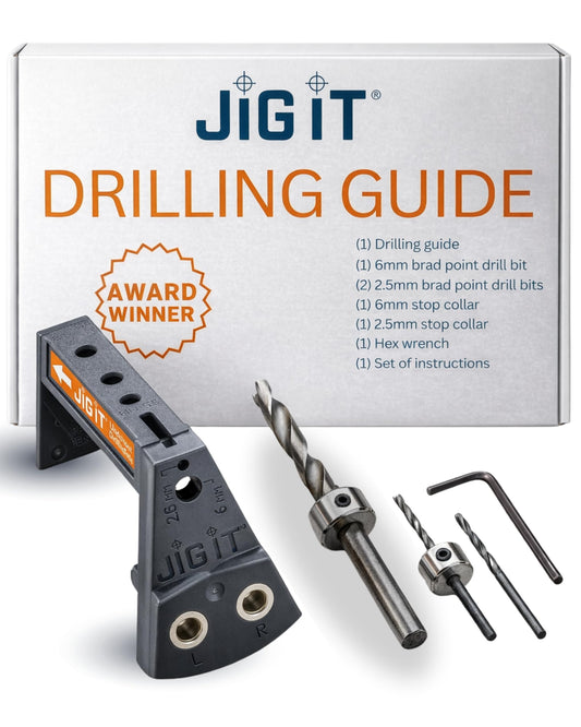 JIG IT Undermount Drilling Guide - Durable ABS Plastic Drill Angle Guide w/Steel Inserts - Drill Guide Jig for Blum Tandem & Drawer Slide – Ideal Woodworking Tools Includes Drill Bits, Collars & More