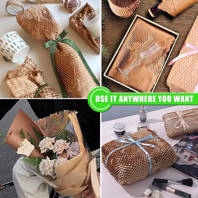 Honeycomb Packing Paper, MINHAO 15"x165' Eco Friendly Packing Paper for Moving Recyclable Honeycomb Paper Moving Supplies Bubble Paper Wrapping Protective Roll, With 36 Fragile Sticker Labels