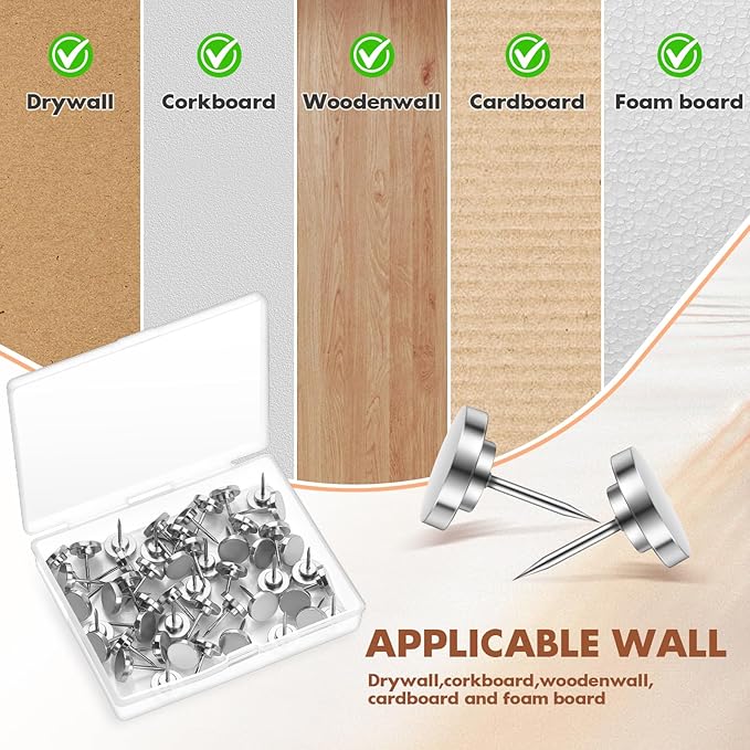 30 Pieces of Silver Push Pins, Metal Thumb Tacks for Wall, Tapestry Hangers, Tacks for Wall, Decorative Thumb Tacks,Picture Hanging Nails