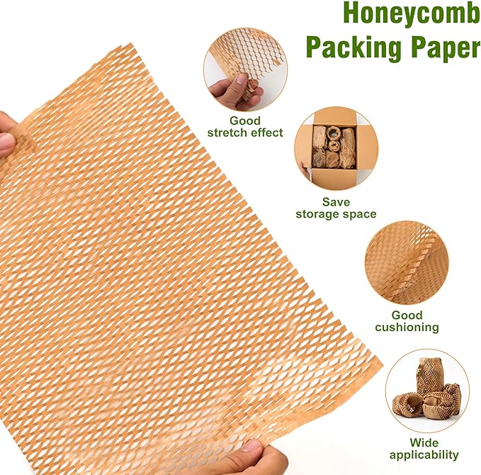 Honeycomb Packing Paper 12" Width X 200 FT for Moving Glass Dishes Recyclable Wrapping Paper Bubble Wrap Packing Material for Shipping Fragile Items Shipping Filler with 20 Fragile Stickers