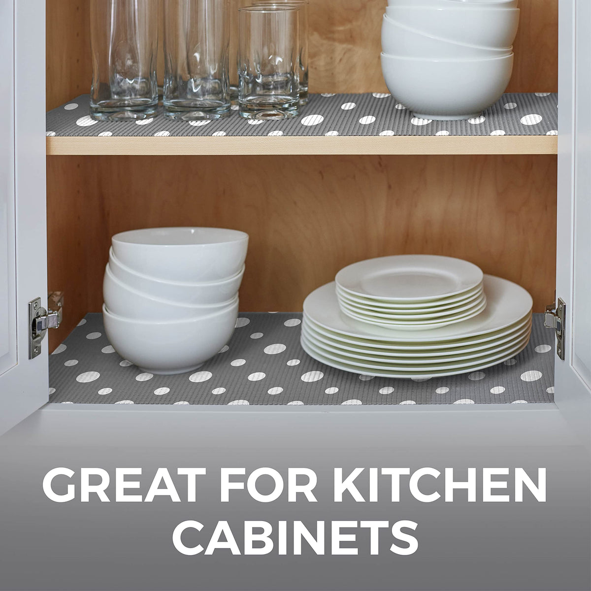 HOME GENIE Shelf Drawer and Cabinet Liner, Durable with Strong Grip, 12 in x 20 FT, Non Adhesive Liners Protect Kitchen Cabinets and Cupboard, Bathroom Drawers and Shelves, Desks, Dots Gray White