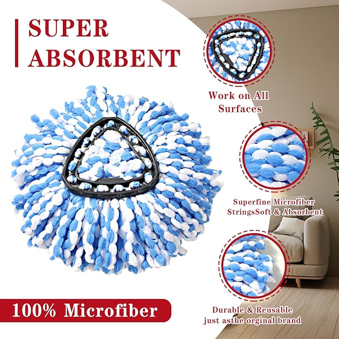 8 Pack Spin Mop Replacement Head for O-Ceda RinseClean 2 Tank System,Spin mop Scrub Brush,Microfiber Mop Refills, Machine Washable, Machine Washable for Bathroom,Kitchen,Tub and Tile (C)