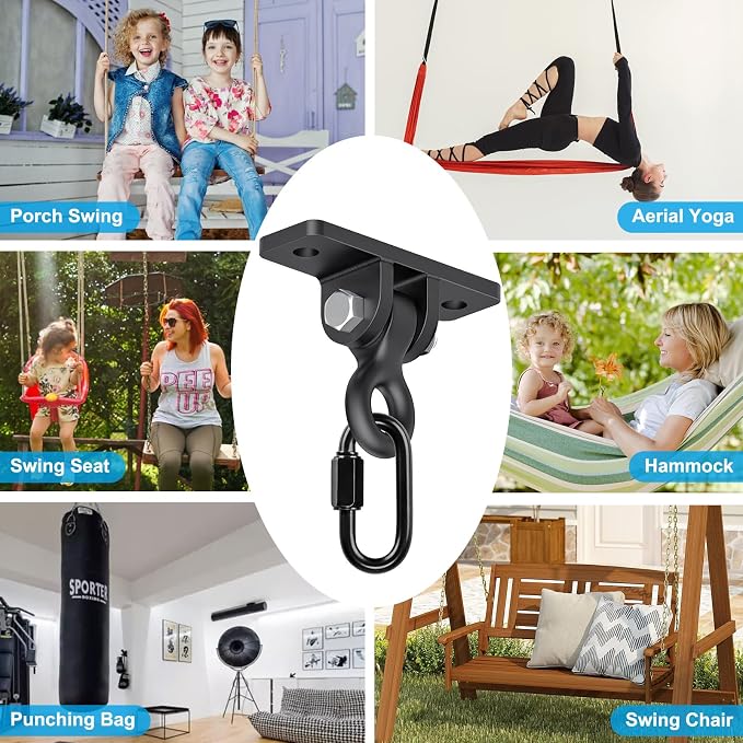 Dolibest Heavy Duty Swing Hangers, Porch Swing Hanging Kit, Black Cast Iron Swing Hooks,Swing Set Hardware w/Wood Screws for Playground, Porch, Wooden Sets, Indoor & Outdoor Use, 180° Rotation (2Pack)
