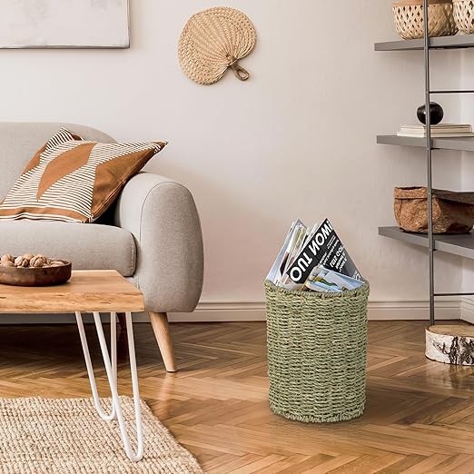 Boho Wicker Trash Can with Lid,Waterproof Bathroom Trash Can Hand Woven Wicker Waste Baskets for Kitchen Office Bedroom
