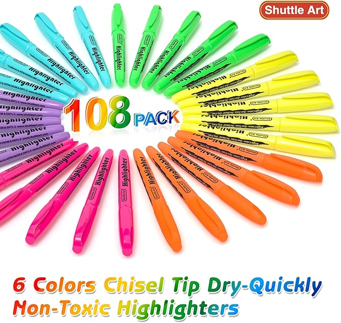 Shuttle Art 108 Pack Highlighters, Highlighters Assorted Colors Set, 6 Bright Colors Chisel Tip Dry-Quickly Non-Toxic Highlighter Markers Bulk for Adults Kids Highlighting in Home School Office