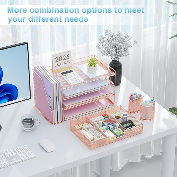 gianotter Desk Organizers and Accessories with File Holder, 4-Tier Desk Accessories & Workspace Organizers with Drawer and 2 Pen Holder, Paper Organizer for Office Supplies (Rose Gold)