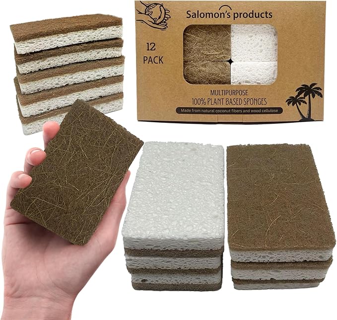 12 Pack Natural Kitchen Sponges - Biodegradable, Compostable, Sustainable Wood Cellulose & Coconut Fiber Sponge for Dishes, Quick Drying & Non Scratch Plant Based Eco Friendly Scrubber for Dishwashing