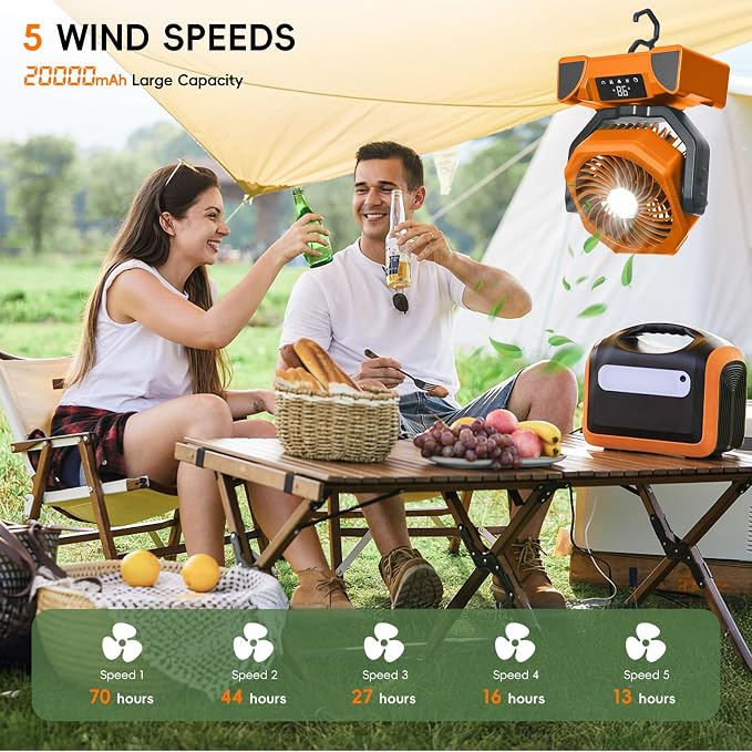 20000mAh Solar Camping Fan, Portable Rechargeable Battery & Solar Powered Fan with 7W Solar Panel, Remote Control, Auto Oscillating, LED Display, Light, Timer for Outdoor Camp, Beach, Travel Tent