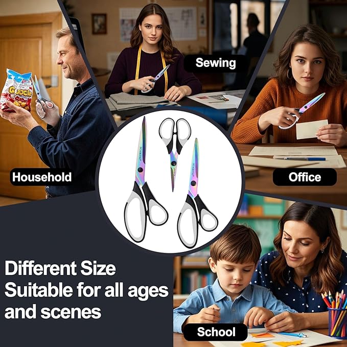 Craft Scissors Set of 3 Pack, All Purpose Sharp Titanium Blades Shears, Comfort Grip Handle, Multipurpose Fabric Scissors Tool Great for Adults, Office, Sewing, School and Home Supplies, White&Black