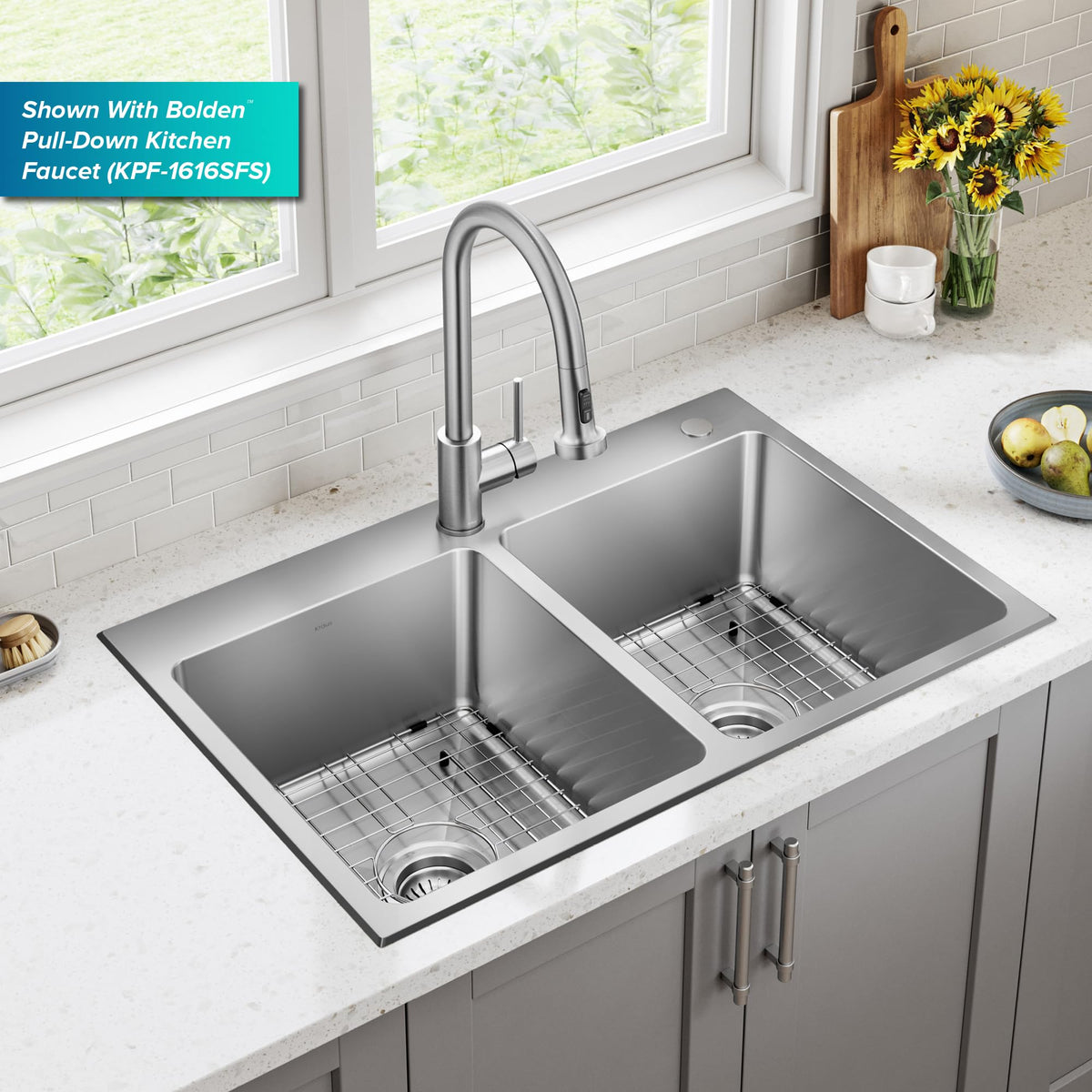 KRAUS Fairlane 33-inch Drop In/Top Mount Double Bowl 18-Gauge Stainless Steel Kitchen Sink, KHT632-33