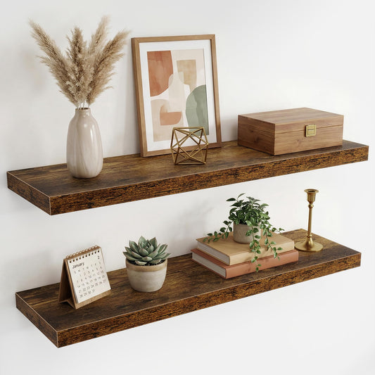 36 Inch Black Floating Shelves for Wall,9.3" Deep Long Floating Shelf Set of 2,Wood Wall Mounted Shelves Farmhouse Home Decor,Wall Storage Shelf for Bathroom Bedroom Living Room Office,Rustic Brown
