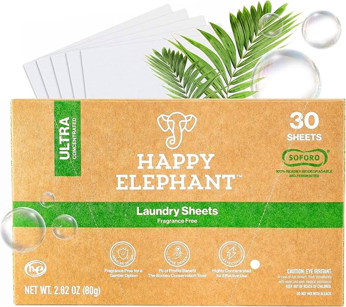Happy Elephant Laundry Detergent Sheets, Fragrance Free, Natural Biodegradable Laundry Sheets, Plant Based, Tough on Stains, Gentle on Skin, Compatible with HE & Any Washing Machine, 30 Sheet, 1 Pack