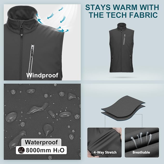 33,000ft Men's Windproof Lightweight Golf Vest Outerwear with Pockets, Softshell Sleeveless Jacket for Running Hiking Sports