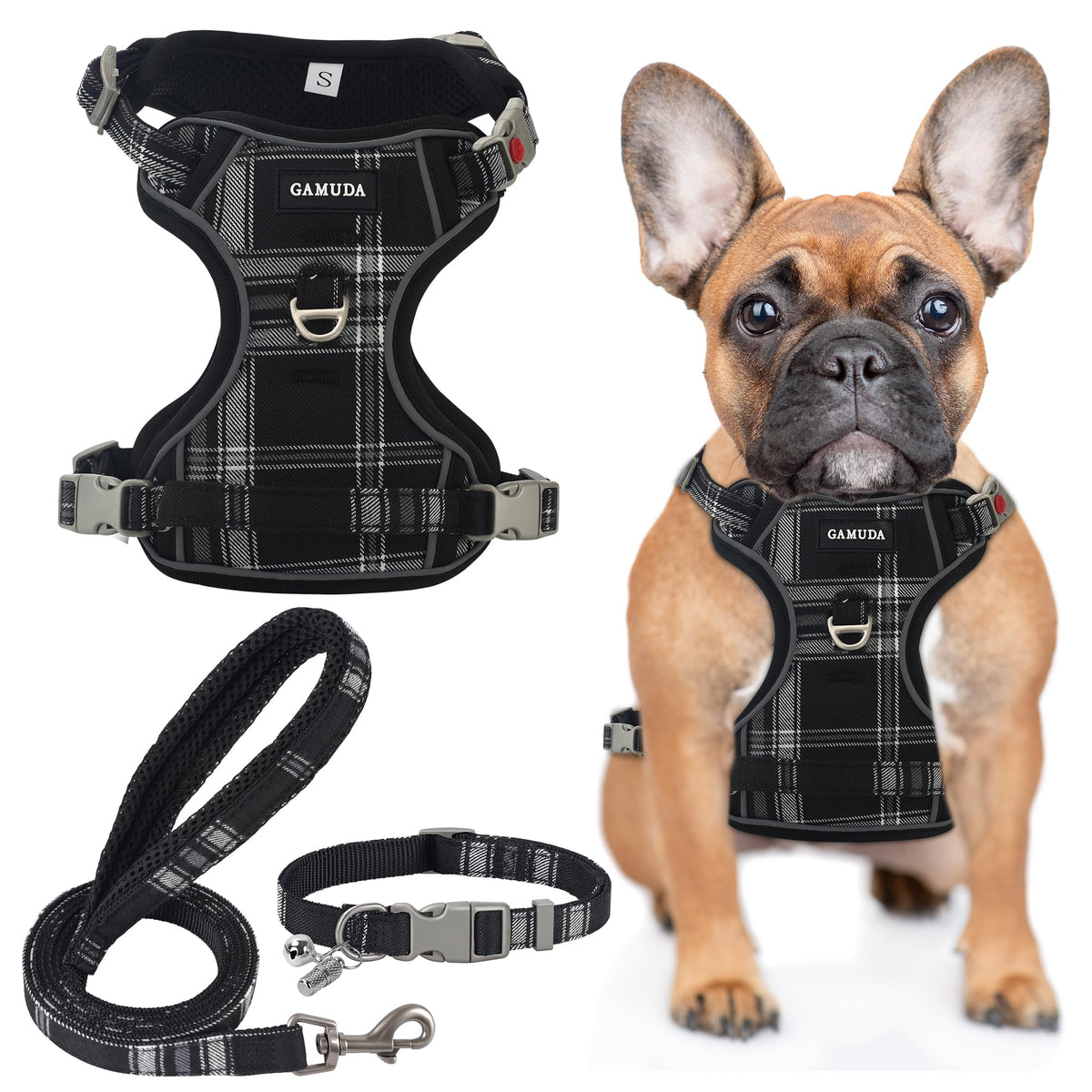 GAMUDA Dog Harness Collar and Leash Set, Horse Care Sheets, No Chock No Pull Adjustable Vest Harnesses Plaid Reflective for Medium Dog, Cat, Small Horse, Small Bull and Pig (Black, M)