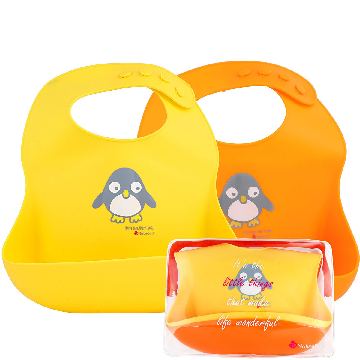 NatureBond Waterproof Baby Bibs, Silicone Weaning Bibs for Babies & Toddlers, Set of 2 w/Carry Pouch | Comfortable Soft 4 buttons Bib