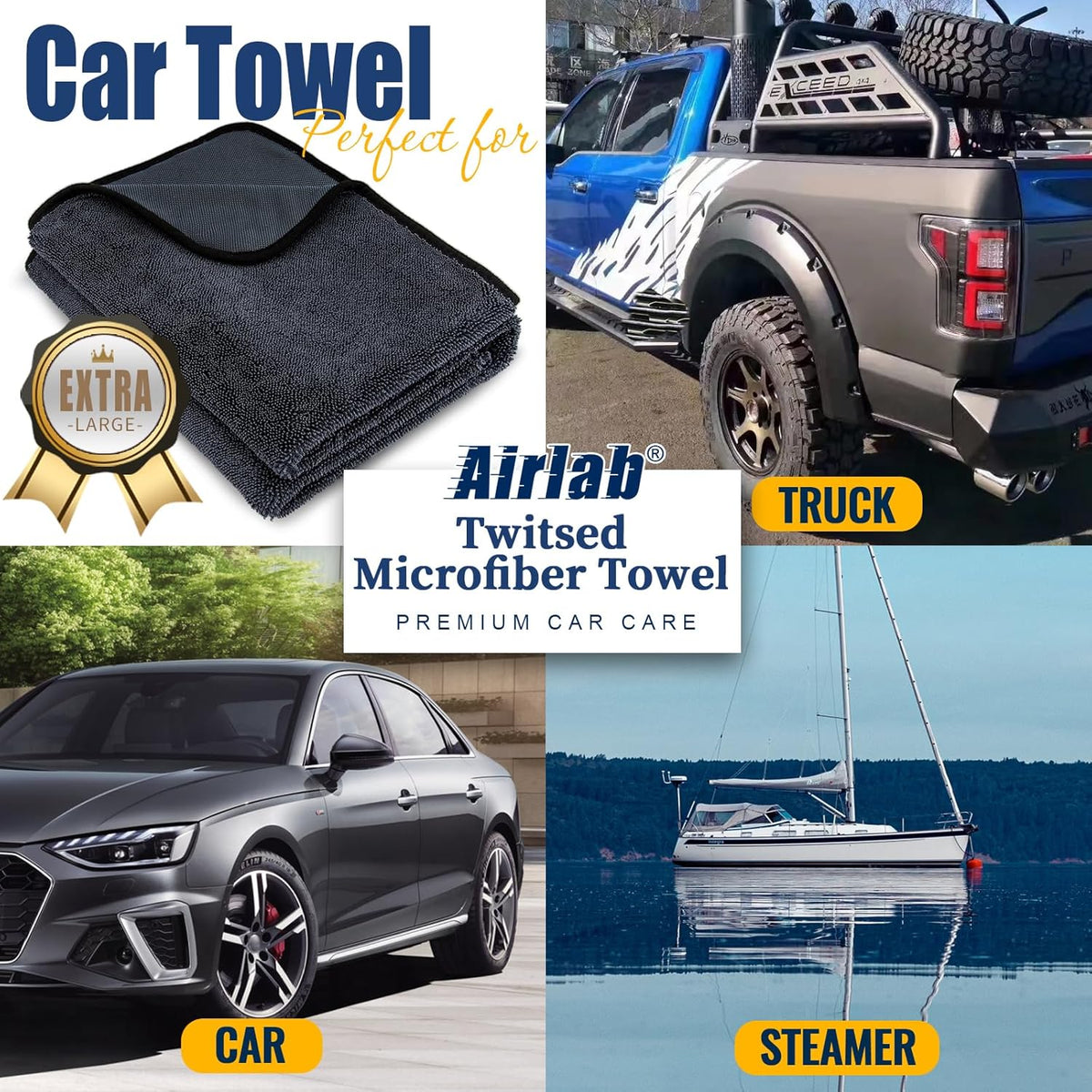 Airlab Microfiber Towels for Cars Wash Drying Super Absorbent Cleaning Cloth Auto Detailing Ultra Soft, Lint-Free, Streak-Free, 24 x 16 Inch, Pack of 2, Grey-Black, 600 GSM