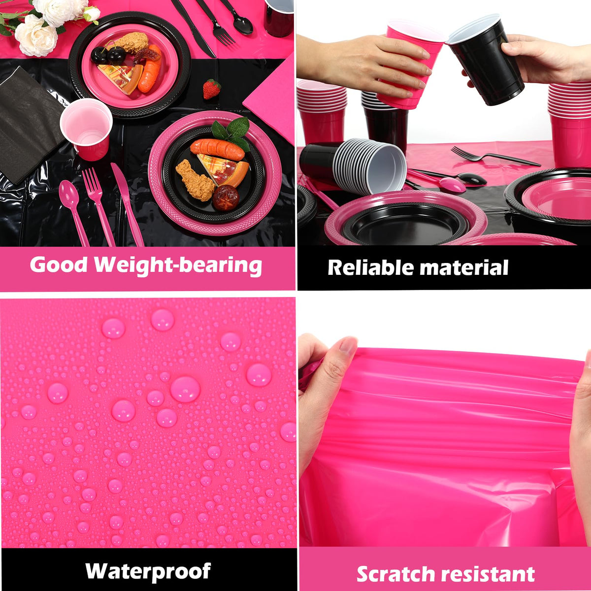 Uiifan 194 Pcs Plastic Plates Party Set Disposable Tableware Set for 24 Guests with Plastic Plates Spoons Forks Knives Cups tablecloth Napkins for Graduation Birthday Wedding Party(Hot Pink,Black)
