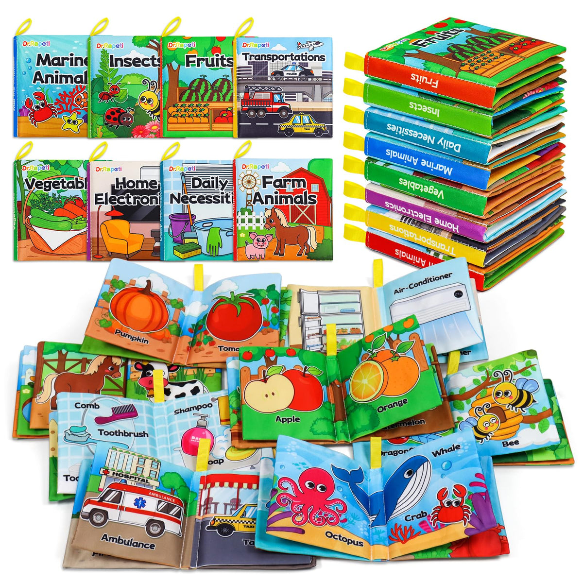 Dr.Rapeti Soft Cloth Books Baby Books Bath Books 8-Pack for Baby Infant Toddler Kid Crinkle Washable Chewable Early Educational Preschool Learning Giftable