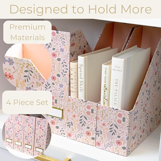 BLU MONACO Foldable Magazine File Set of 4 with Floral Boho Design – Decorative Cardboard Magazine Organizer for Home, Office & Dorm Room – Artistic Magazine Storage Solution