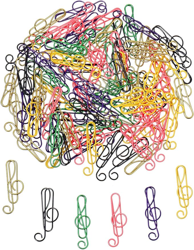 Outus 200 Pcs Music Paper Clips 6 Colors Metal Musical Notes Paper Clips Treble Clef Paper Clips Funny Music Teacher Gifts for Desk Bookmark Office School Notebook