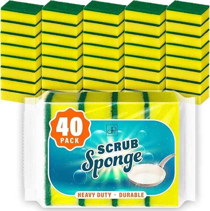 DecorRack 40 Count Non-Scratch Cleaning Scrub Sponges, Dual-Sided Heavy Duty Kitchen Sponges for Dishes, Cleaning Household, Bathroom, Car Wash - Yellow (Pack of 40)