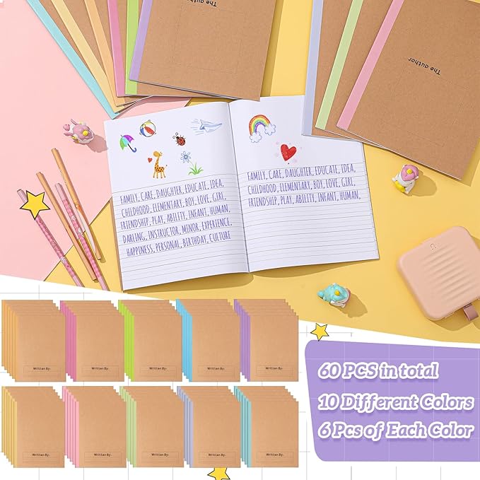 Henoyso 60 Pcs Primary Composition Notebook 9 3/4 x 7 1/2 Inch Kids Journal, Back to School Supplies, K-2 Primary Writing Notebook for Kids Student Draw and Write Story Journal (Macaron Color)