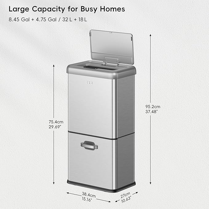 EKO Vintage 50L / 13.2 Gallon Motion Sensor Trash Can, Dual Compartment 32L + 18L Stainless Steel Kitchen Garbage Bin, Touchless Automatic Waste & Recycling Bin with Lid for Home or Office