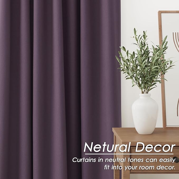 Nanspring Plum Linen Blackout Curtains 90 Inches Long Back Tab Rod Pocket Noise Reducing Sound Absorbing Light Blocking 2 Panels Set for Dining Room Modern Farmhouse Curtains Drapes 52x90