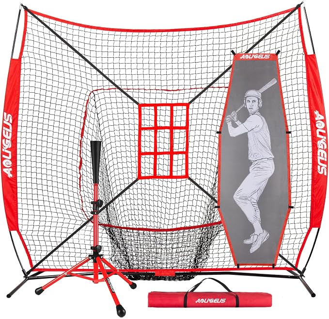 7'X7' Baseball Softball Practice Net,Pitching Net,Batting Net,with Baseball Tee,Bonus Strike Zone and Bow Frame,for Hitting,Pitching, Catching