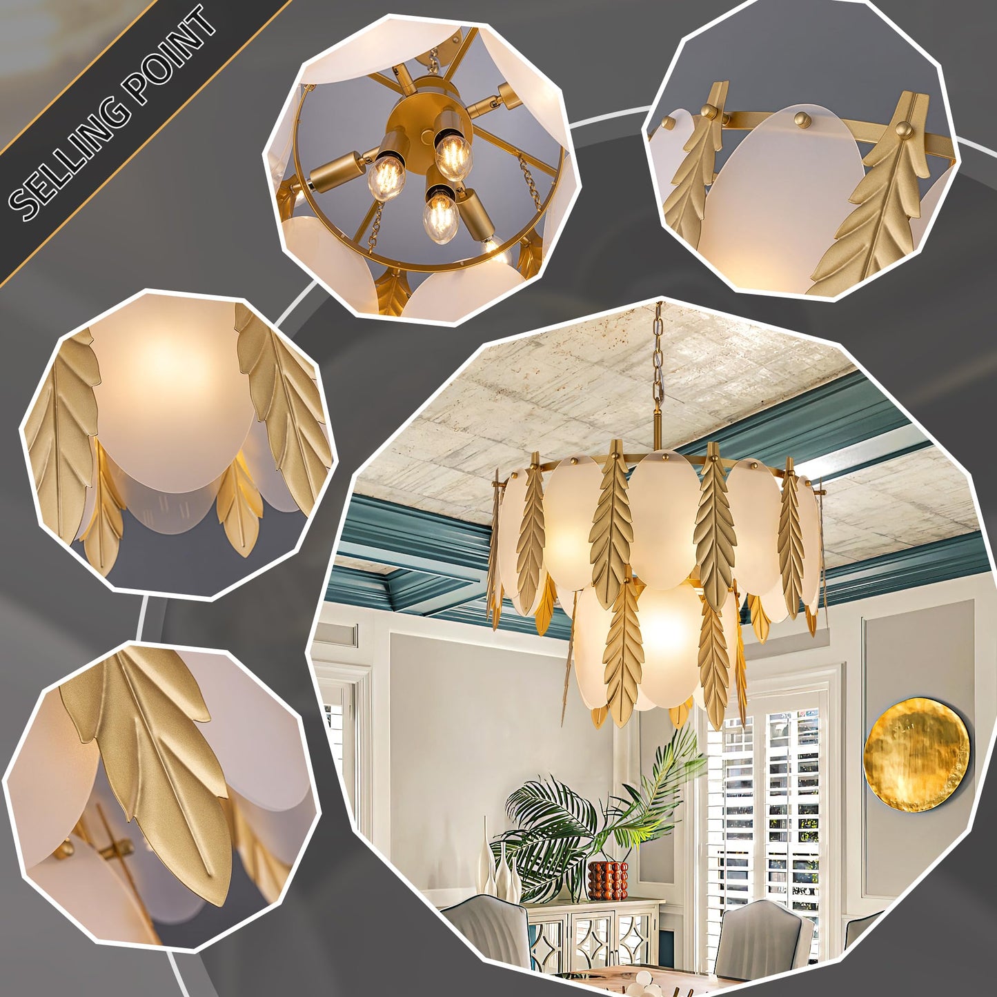 Wellmet Gold Chandelier, Farmhouse Golden Leaf Pendant Light, 7-Light Modern Lighting Fixture, for Living Room, Bedroom, Dining Room, Foyer, Entryway, Kitchen