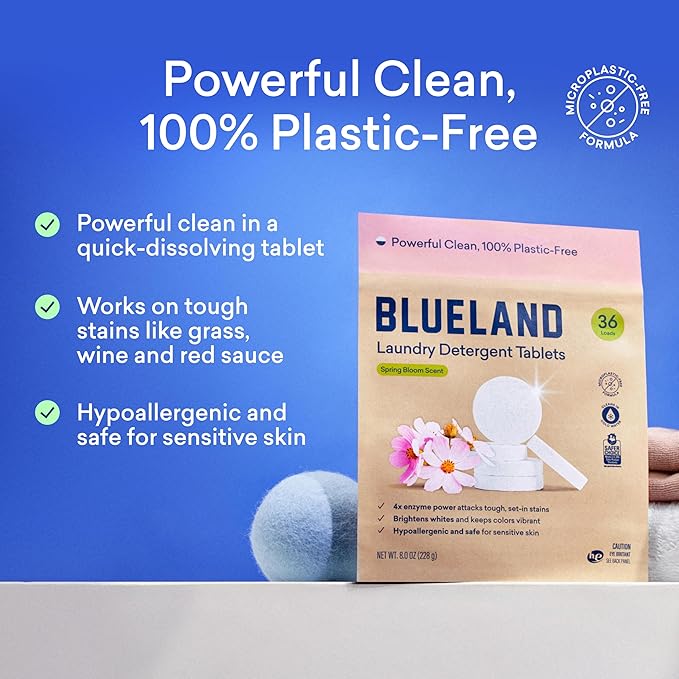 BLUELAND Laundry Detergent Tablets, Starter Set, Spring Bloom Scent, 60 Count with Tin, Plastic-Free Eco-Friendly Pods, Sheets, Liquid Alternative - Natural, Gentle